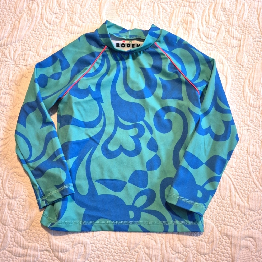 Mini Boden girls size 5-6 years green & blue long sleeve rash guard EUC
